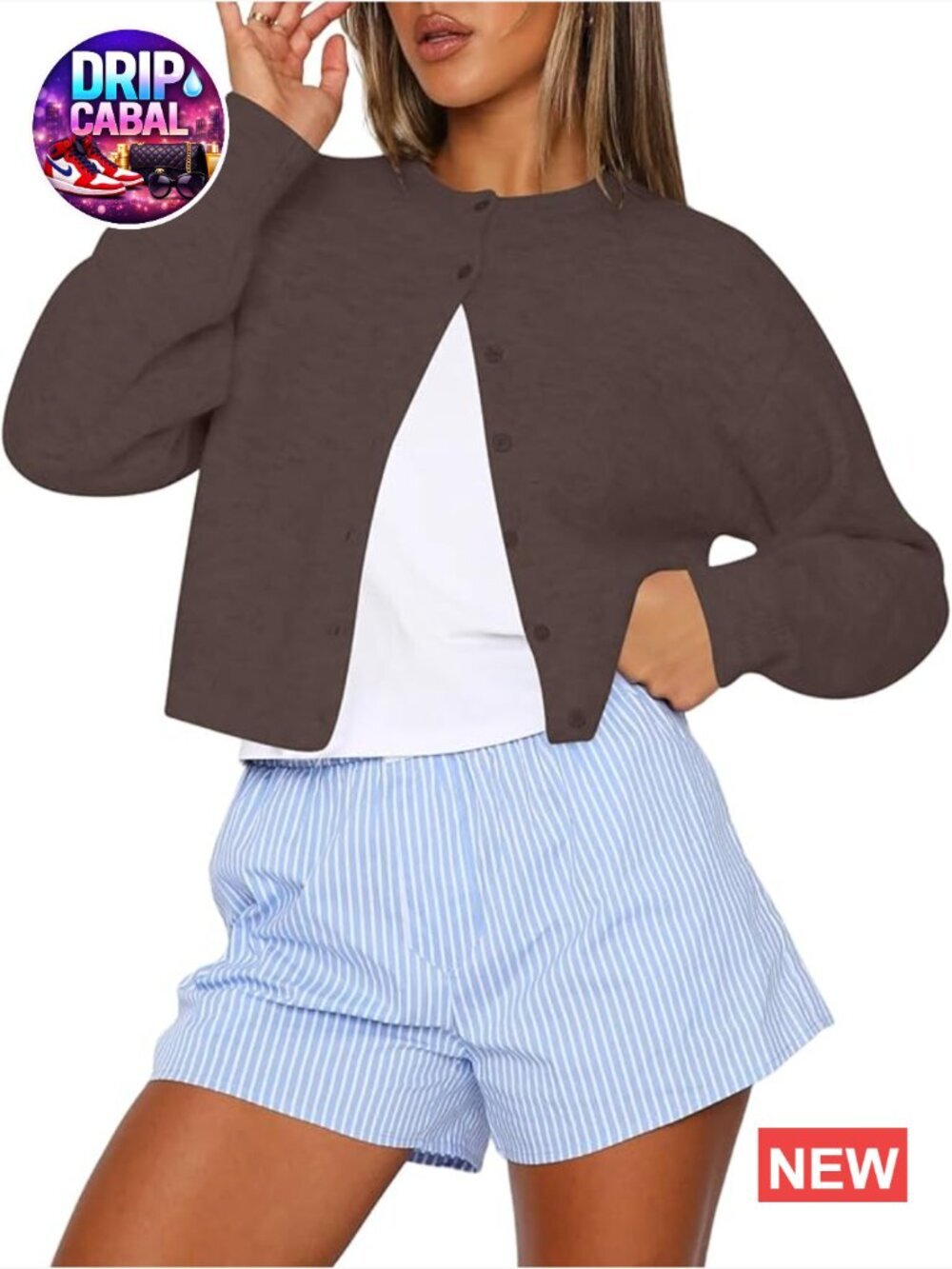 Cropped Cardigan Sweater Crew Neck Long Sleeve Button Up Lightweight Knit